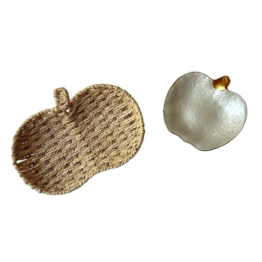 Pumpkin Decor Set Woven Basket Tray Iridescent Glass Pumpkin Dish Fall Halloween